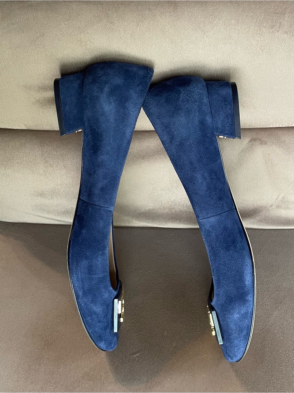 Tory Burch Navy Blue Suede Block Heels - Picture 4 of 5
